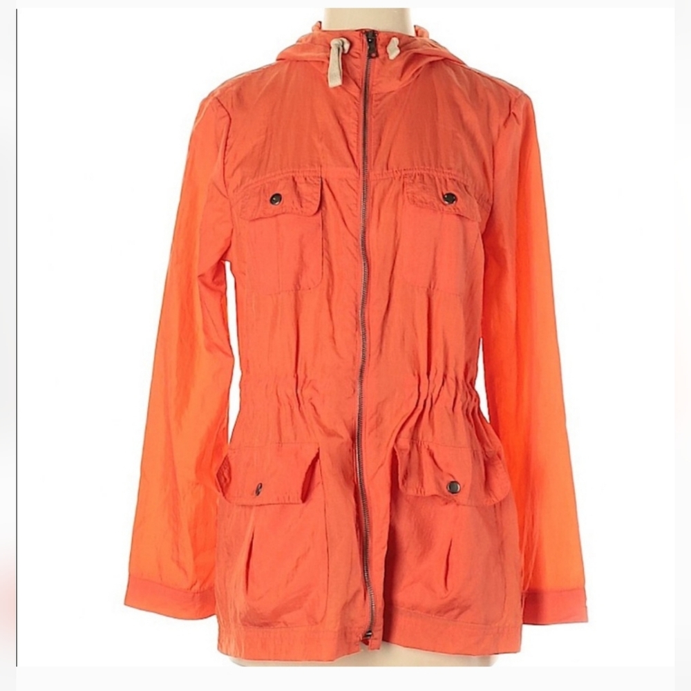 GAP women's nylon hooded jacket. Size S, orange color, full zip closure.